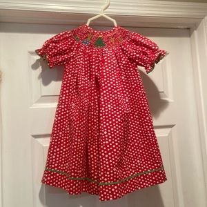 Vive La Fete Smocked Christmas dress with tree and stockings and reindeer